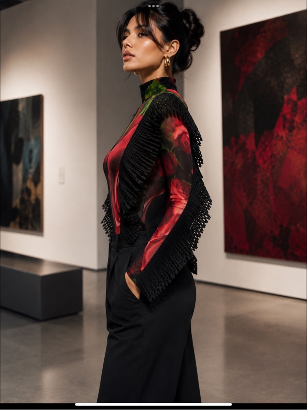 Wearable Art Romantic Goth Rose Print Mesh Bodysuit Avant Garde Statement Top - Picture 6 of 16